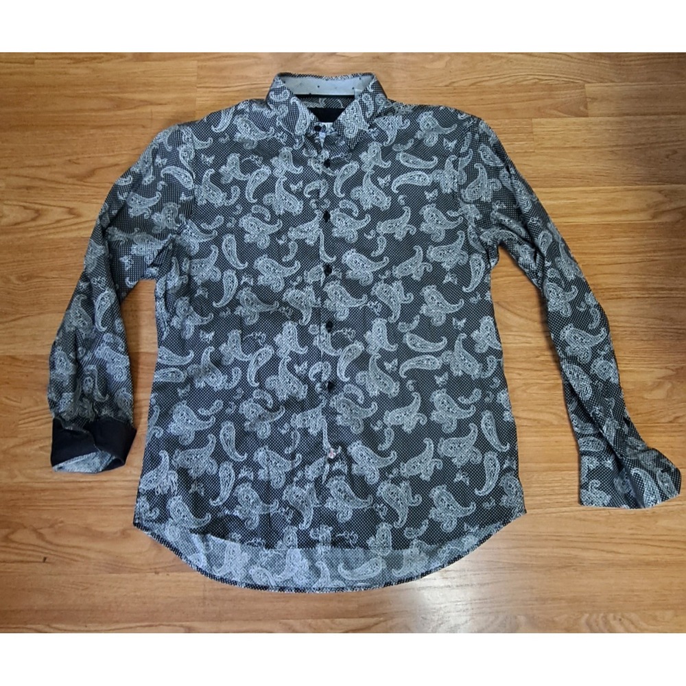 John Lennon English Laundry Shirt XL Black Paisley Polka Dot Print Cotton